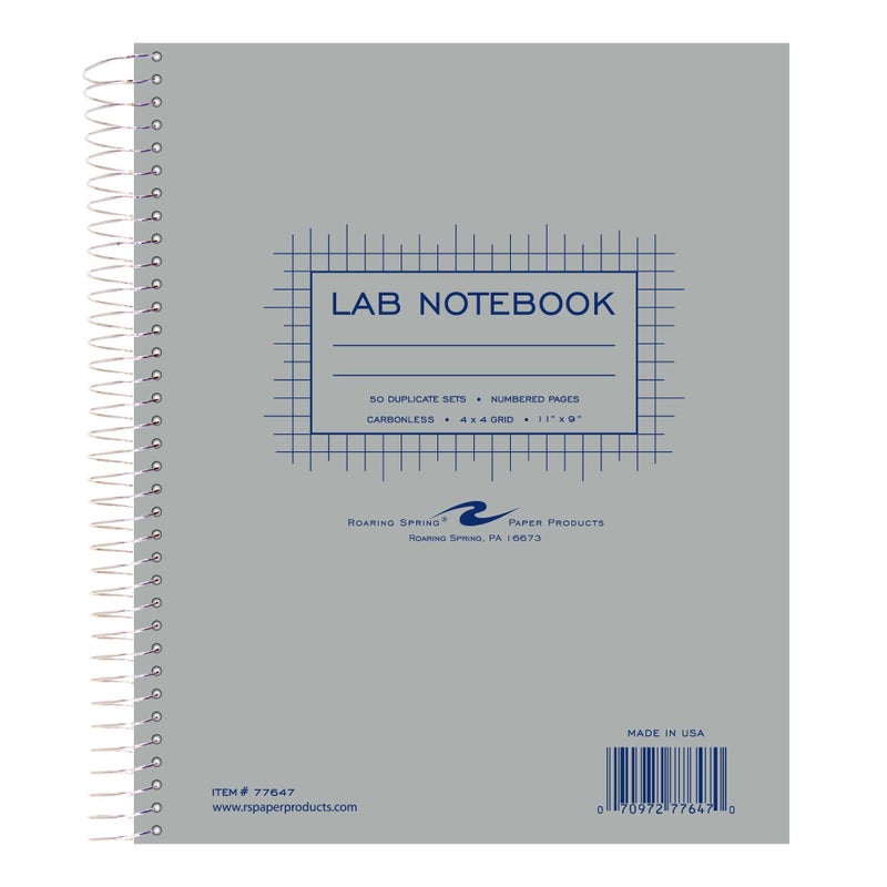 ROARING SPRING Science Lab Notebook, 4x4 Graph Ruled, 50 Numbered Carbonless Sets, 11" x 9", White/Blue Paper, Proudly Made in USA, Hard Board Cover - Image 1